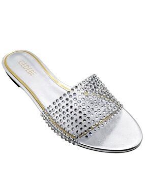 🆕{Gedebe} Metallic Leather Silver Crystal  Embellished Slides Sandals